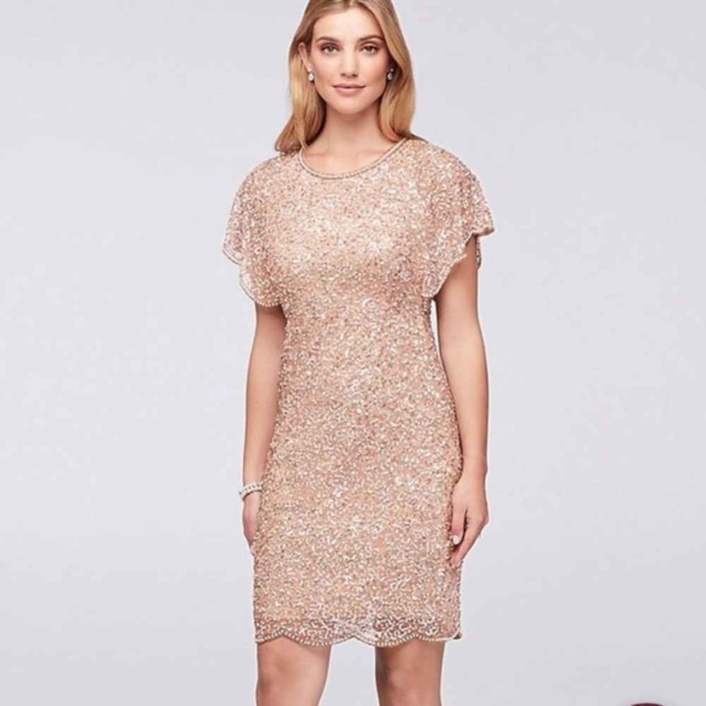 Beaded Dress with Scalloped Flutter Sleeves